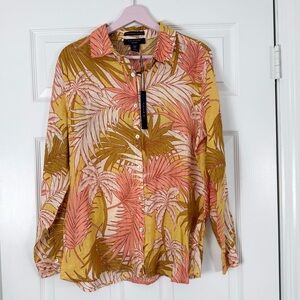 NEW 100% Linen European Grown Flax Tropical Print Button Down Top Size Medium